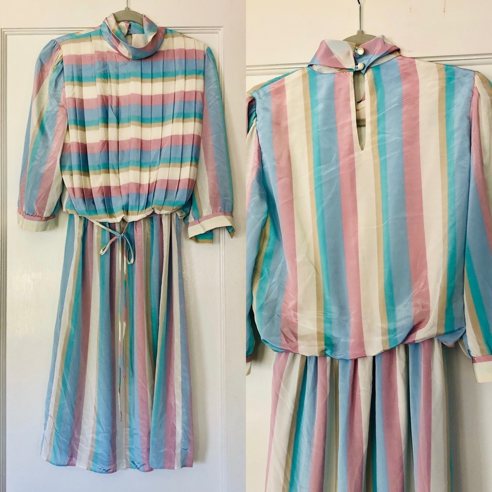 Vintage Pastel Dress Size 10 Silky Blouson Grannychic Grannycore Stripes